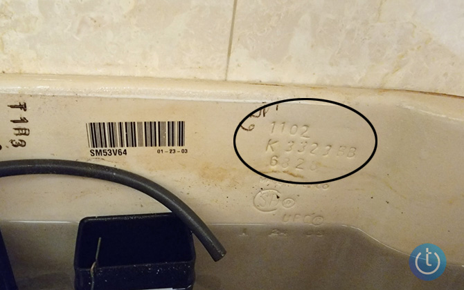 Inside of Kohler toilet tank with the model number K3323 circled.