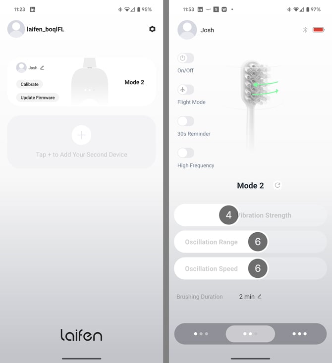 Two screenshots of the Laifen app. On the left, you see the connection screen for the toothbrush. On the right, you see the controls for managing the toothbrush operation, including oscillation speed and range, vibration strength, and frequency.  