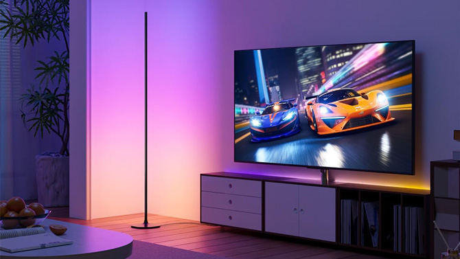 The Lepro OE1 AI Corner Floor Lamp produces subtle background lighting (shown here) and full room lighting with up to 1,000 lumens.