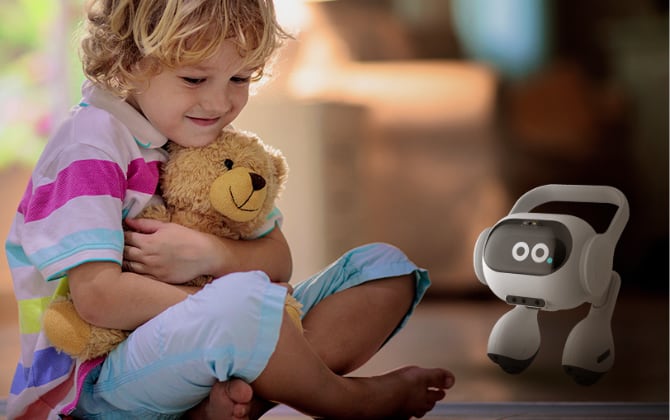 A child sits next to a wide-eyed robot, the LG AI Agent