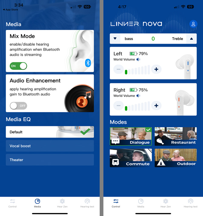 Two screenshots of the Linner app. On the left you see the Mix Mode option. On the right, you see amplification adjustment per ear.