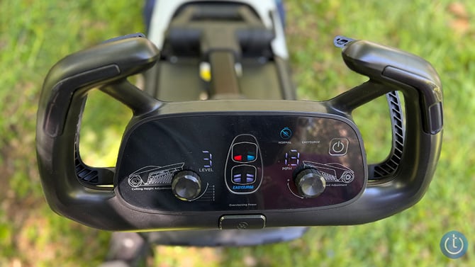 Litheli EASYSURGE 18.5-inch lawn mower control panel closeup
