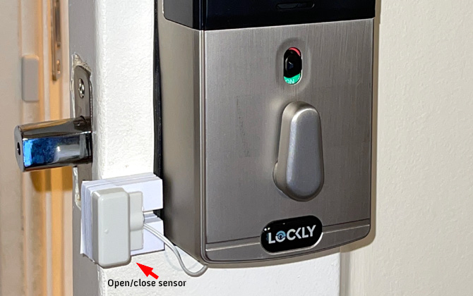 Lockly Vision interior side of door lock with open/close sensor identified