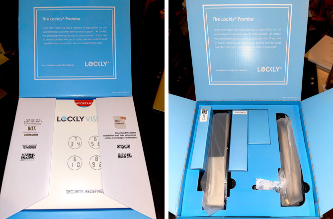 Lockly Vision interior of the box, showing the QR codes with flaps closed and with flaps open.