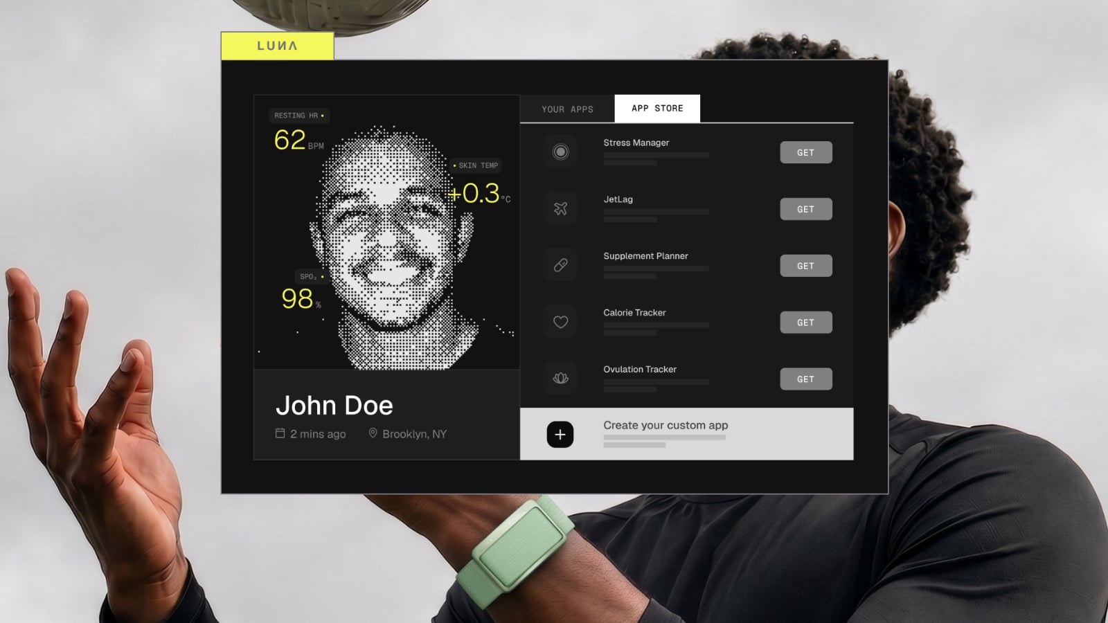 Luna app dashboard showing health readings and daily guidance
