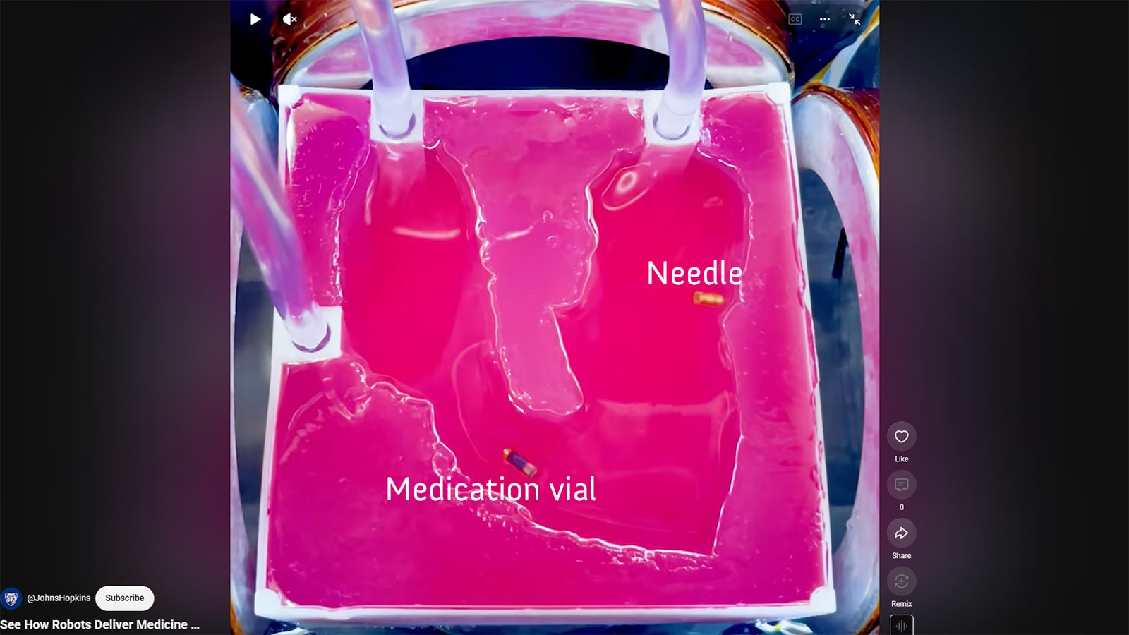 Overhead view of a pink gel model of a heart with clear tubes at the top, where two tiny robots labeled “Needle” and “Medication vial” sit in the channels.