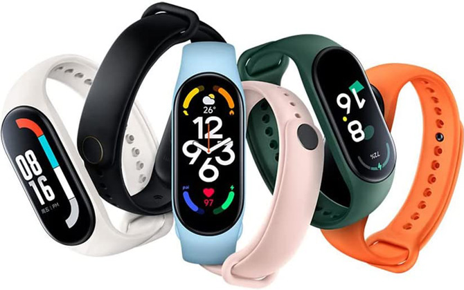 Xiaomi Mi Band 7 in (from the left) white, black, blue, pink, green, and orange.