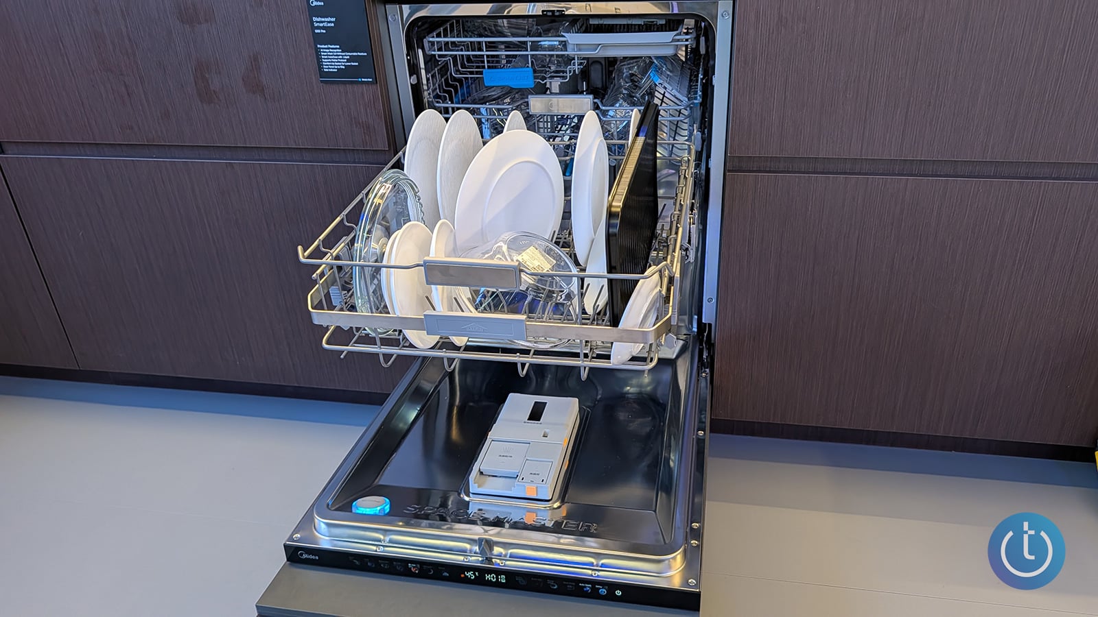 Midea GreenApex Dishwasher shown open with a rack of dishes pulled out.