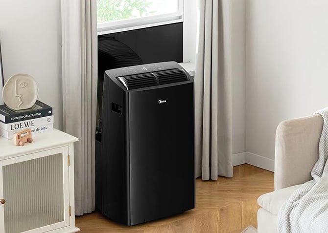 Midea Duo Inverter Portable AC is shown installed, venting through a window.
