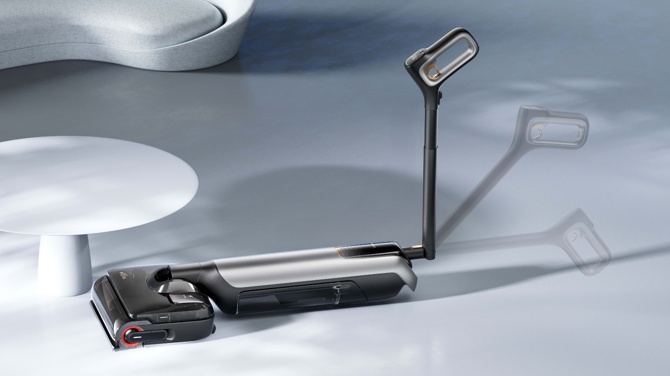 Mova M50 Ultra cannister lying flat showing handle bending from flat to upright