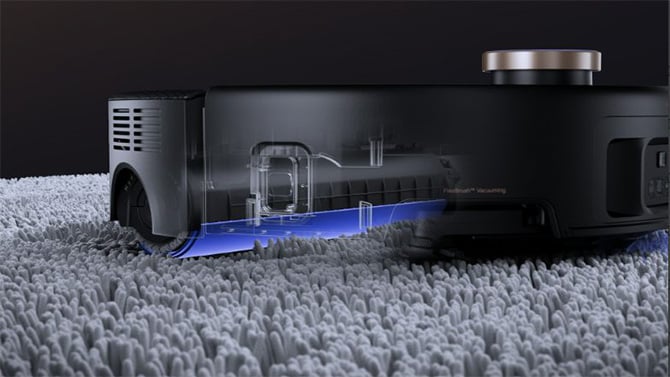Cutaway of the MOVA Z60 Ultra Roller Complete robotic mopvac that shows the shield under the mop. The Techlicious Editor's Choice Award logo is in the lower left.