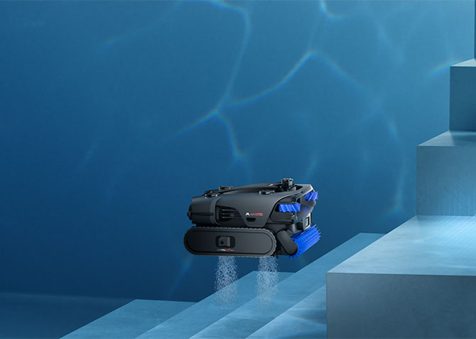 The MOVA Rover X10 pool cleaning robot uses its 15 motors to hover under water.