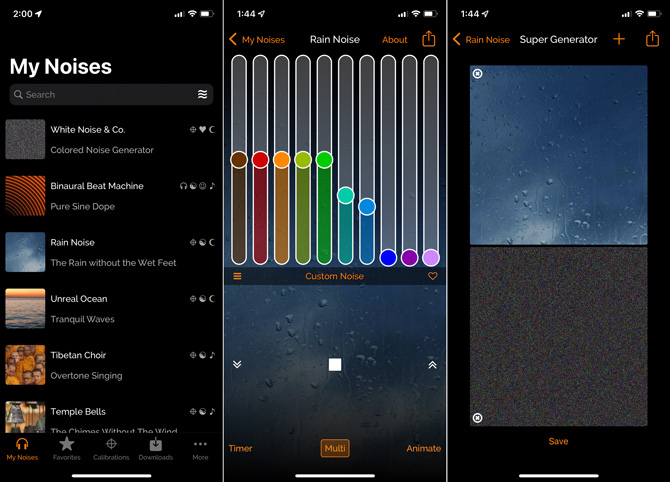 Three MyNoise app screenshots.On the lef there is a list of sounds, including White Noise & Co, Binaural Beat Machine, and Rain Noise. In the center you see the Rain Noise sound with color coded sliders you can use to raise of lower the volume of specific frequencies. On the right, you see sound blocks with the title Super Generator.