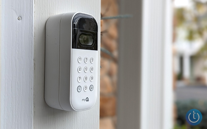 myQ Smart Video Keypad mounted on a garage door frame.