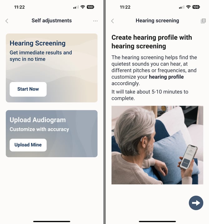 Two screenshots of the Orka Two hearing screening test.