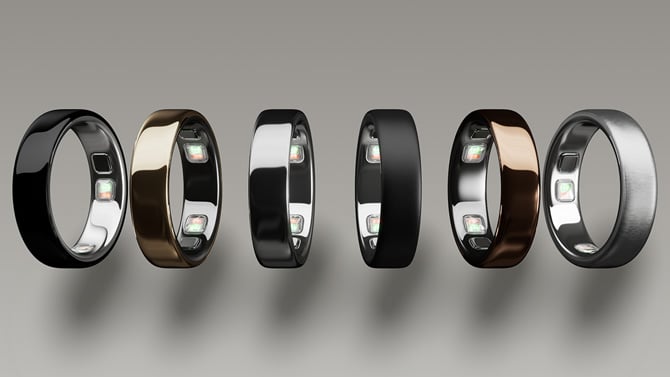 The Oura Ring 5 comes in six colors (from the left): black, gold, silver, brushed black, deep rose, and brushed silver. 