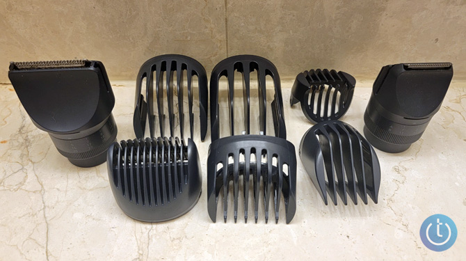 Panasonic Multishape trimmer heads and attachments. From the left, the 1.5-inch trimmer on the left, the four 1.5-inch trimmer attachments, the two 1-inch trimmer attachments, and the 1-inch trimmer.