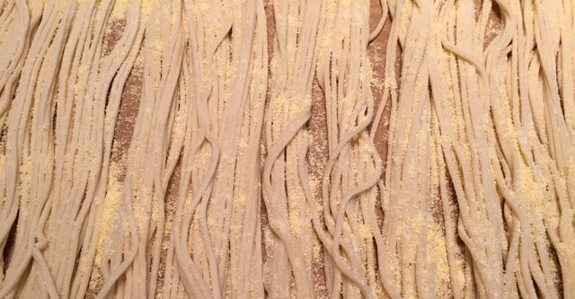 Spaghetti drying after being extruded from the Philips Pasta Maker
