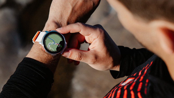 Polar Vantage V3 worn on a wrist showing a map. 