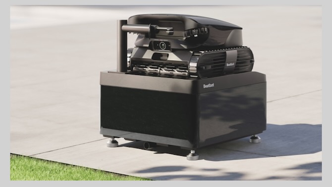The Beatbot pool-cleaning robot on a pool deck outside.