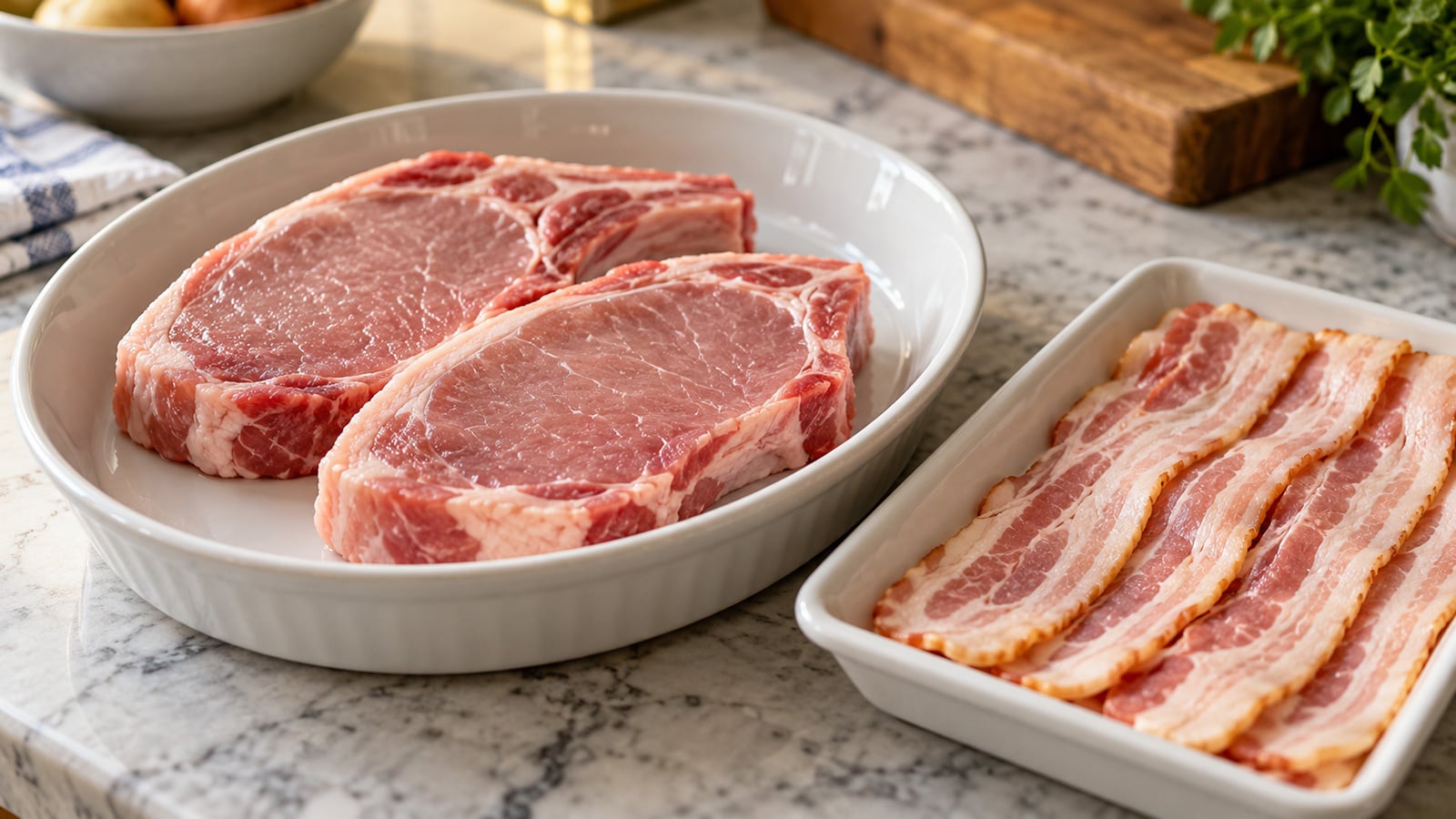 Two raw pork chops and strips of uncooked bacon in separate white dishes on a kitchen counter.