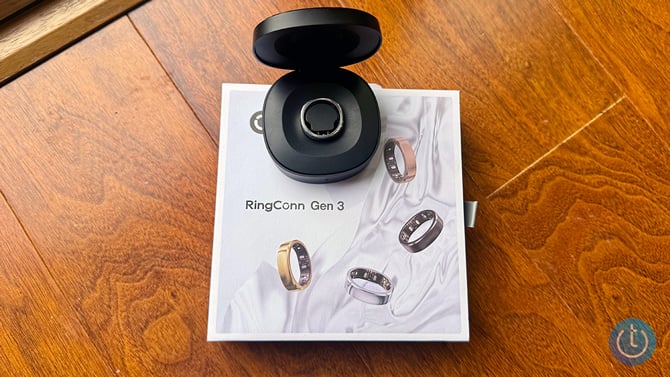 Ringconn Gen 3 ontop of its box and in its charging case