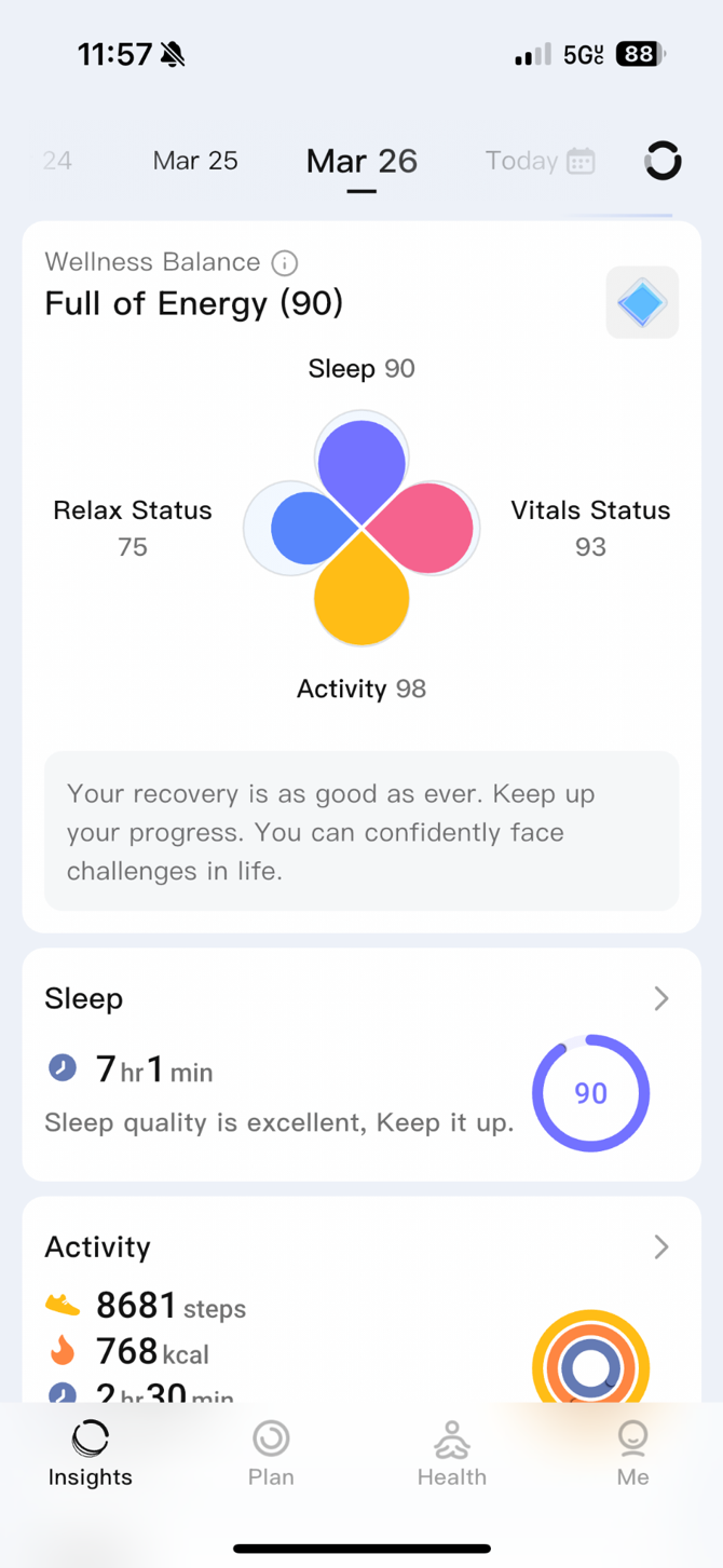 RingConn sleep score screen shot showing energy level, sleep time, and daily activity in steps and kcal