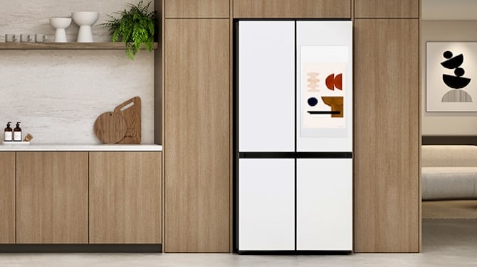 The Samsung Bespoke AI 4-Door French Door refrigerator in a kitchen.
