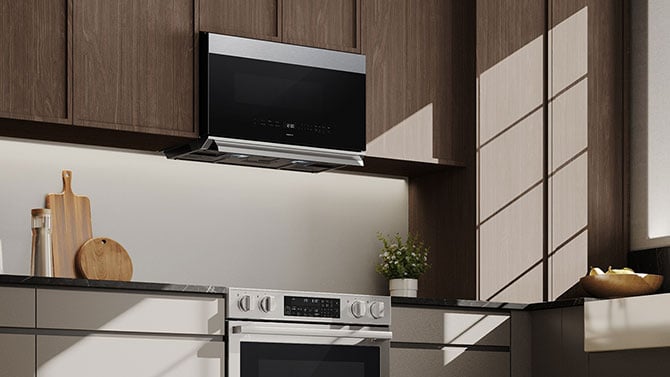 Bespoke Over-the-Range Microwave installed over a range in a kitchen