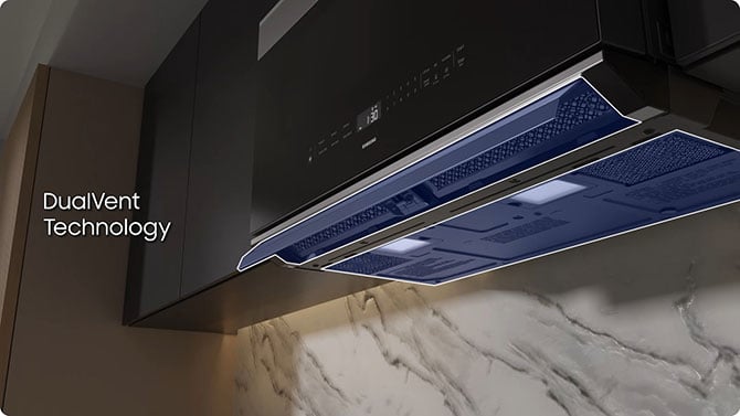 A close-up shot of the Bespoke Over-the-Range Microwave with the two vents highlighted.
