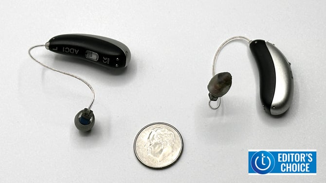 Sennheiser All Day Clear shown with a dime for scale and the Techlicious Editor's Choice logo in the lower right corner.