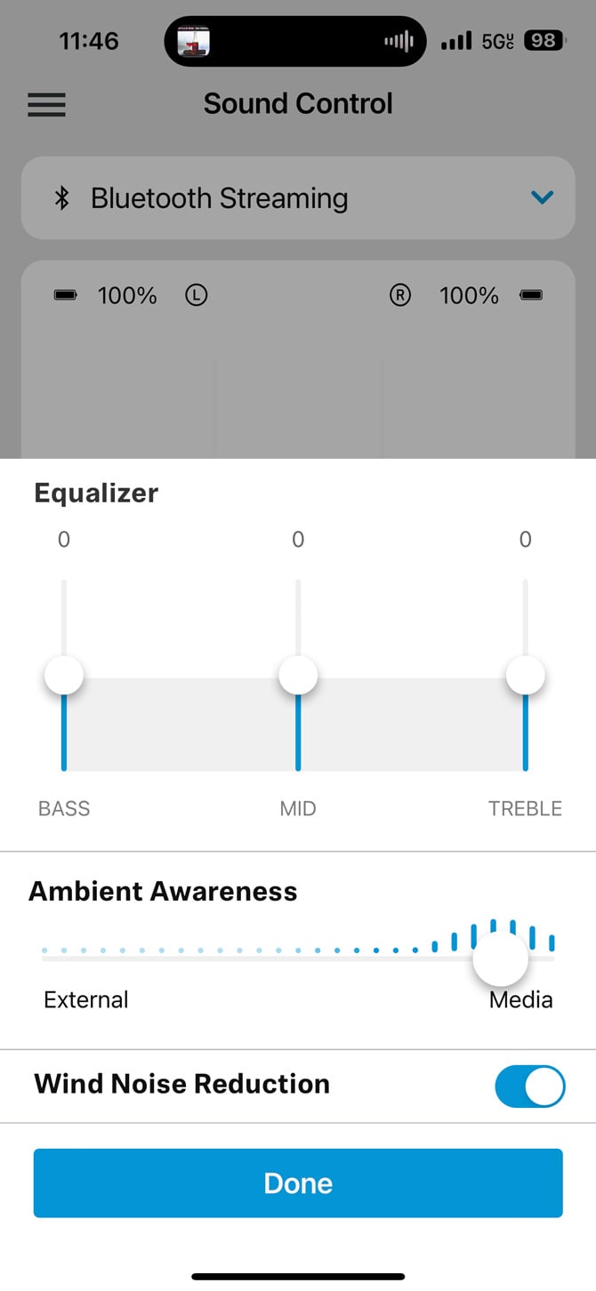 Sennheiser app showing adjustments for the equalizer, ambient awareness and wind noise reduction. 