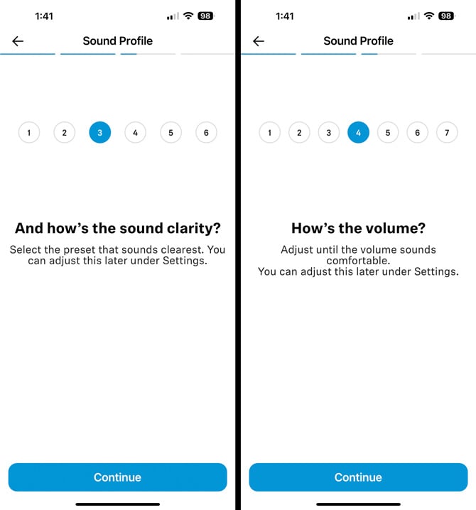 Sennheiser app screenshots of the hearing test: on the left its asking for sound clarity, on the right, it's asking about volume.