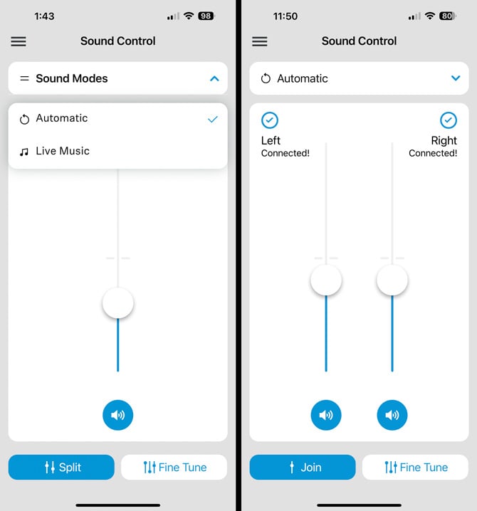 Sennheiser app screenshots showing volume adjustments. On the right you see single volume adjustment, and on the left you see separate volume for left and right ears. 