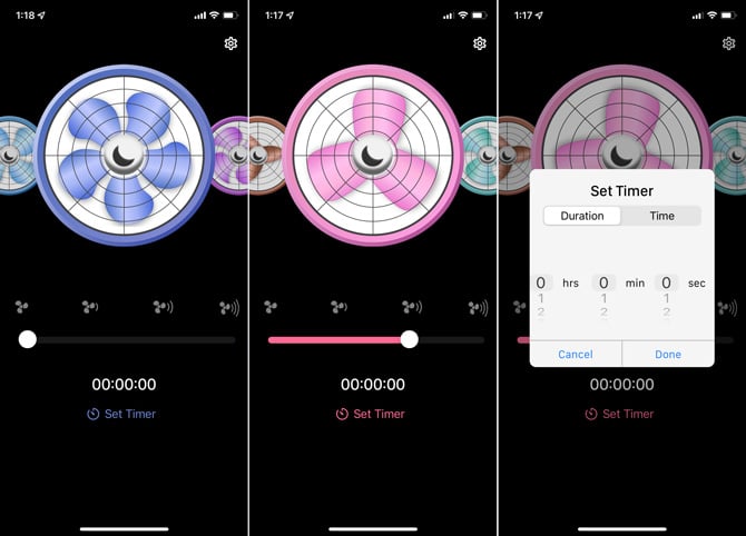 Sleep Aid Fan app three screenshots: On the right, there is a blue fan with six blades, the volume off and a timer. In the middle there is a pink four-blade fan with the volume a high and a timer. On the right, there is a pink four-blade fan with a popup window that allows you to set a timer up to 23 hours 59 minutes and 59 seconds.