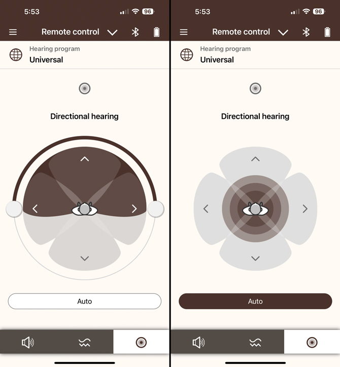Two screenshots of Sony app for CRE-E10. On the left you see directional hearing selected for in front. On the right you see directional hearing all around.  