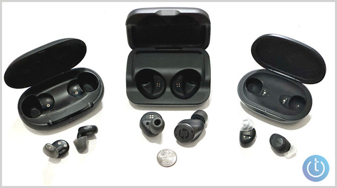 Three hearing aids: from the left, the Sony CRE-E-10, the HP Hearing Pro, and the Jabra Enhance Plus