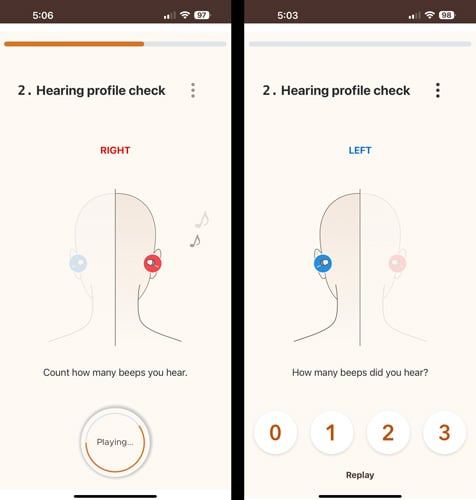 Two screenshots of the Sony app for the CRE-10. On the left you see a drawing of a head with a red dot on the ear and musical notes next to the right ear. Below you see: Count how many beeps you hear. A circle at the bottom shows the word playing. The screenshot on the left shows a drawing of a head blue dot on the left ear. Below are the words: How many beeps did you hear? You have the option to choose 0, 1, 2, or 3 