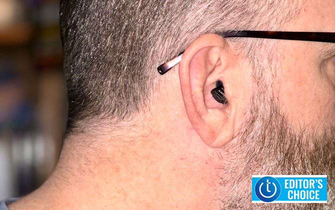 Sony CRE-10 OTC Hearing Aids shown in ear from the side. Techlicious Editor's Choice Logo is in the lower right corner