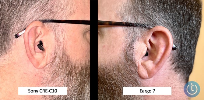 Sony CRE-C10 shown in ear from the side on the left and the Eargo 7 shown in ear from the side on the right.