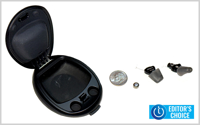 Sony CRE-C10 OTC hearing aids out of their case with a dime. The Techlicious Editor's Choice logo is in the lower right corner.