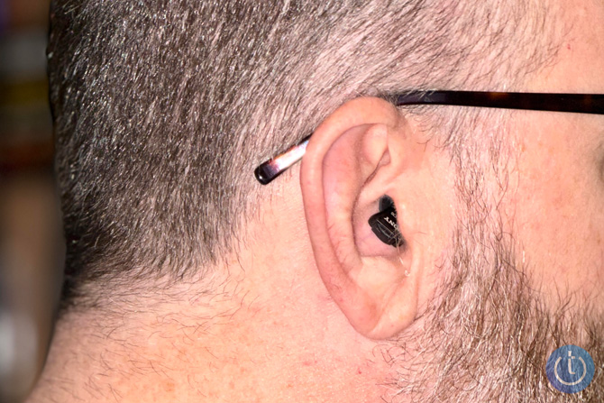 Sony CRE-C10 hearing aids shown in ear from the side.