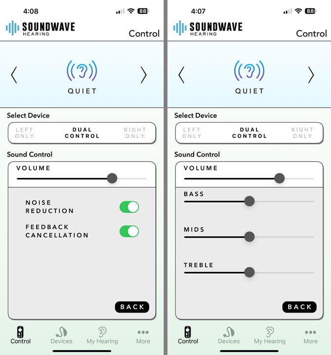 Two screenshots of the Soundwaver otoTune app. On the left you see Noise Reduction and FeedBack Cancellation toggle for Quiet mode. On the right, you see a three-band equalizer 