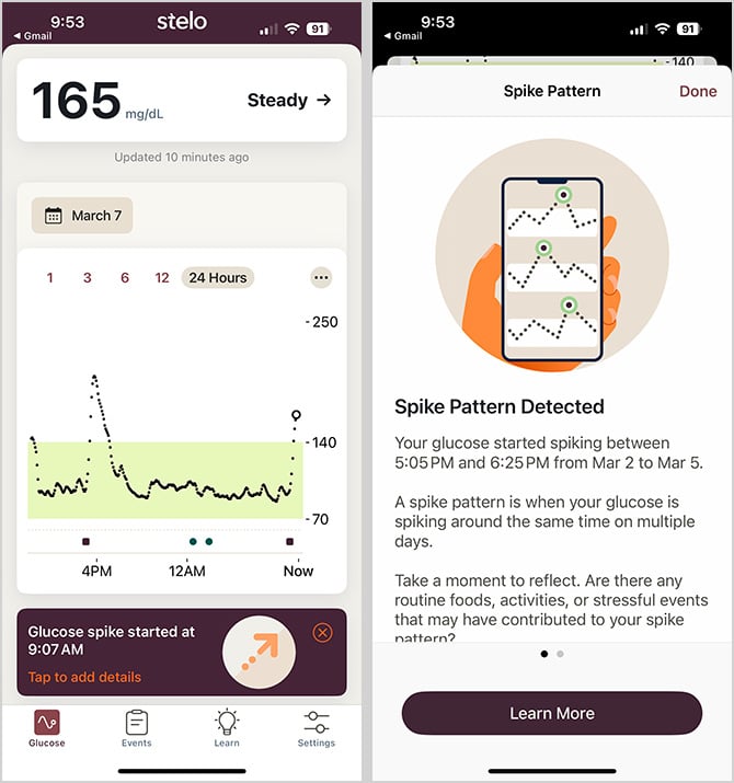 Screenshots of Stelo app. On the left you see the glucose chart and an alert for a glucose spike. On the right you see a trend alert about morning spikes.