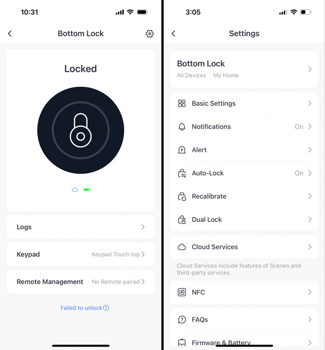 Two screenshots of the SwitchBot app. On the left you see a screenshot showing the Bottom Lock Locked with menu options for Logs, Keypad, and Remote Management.