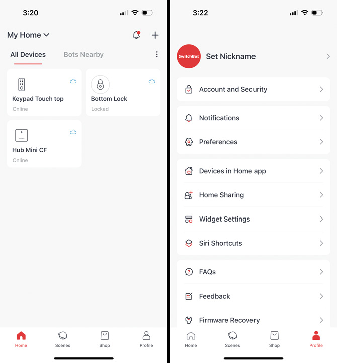 Two screenshots of SwitchBot app. On the left you see the Main screen with three products: Lock, Keypad, and Mini Hub. The screenshot on the right shows Profile options: Account and security, Notifications, Preferences, Devices in Home app, Home Sharing, Widget Settings, Siri Shortcuts, FAQs, Feedback and Firmware recovery. There are options for Scenes, which only pertains to other SwitchBot devices, and Shop, which is for other SwitchBot devices.