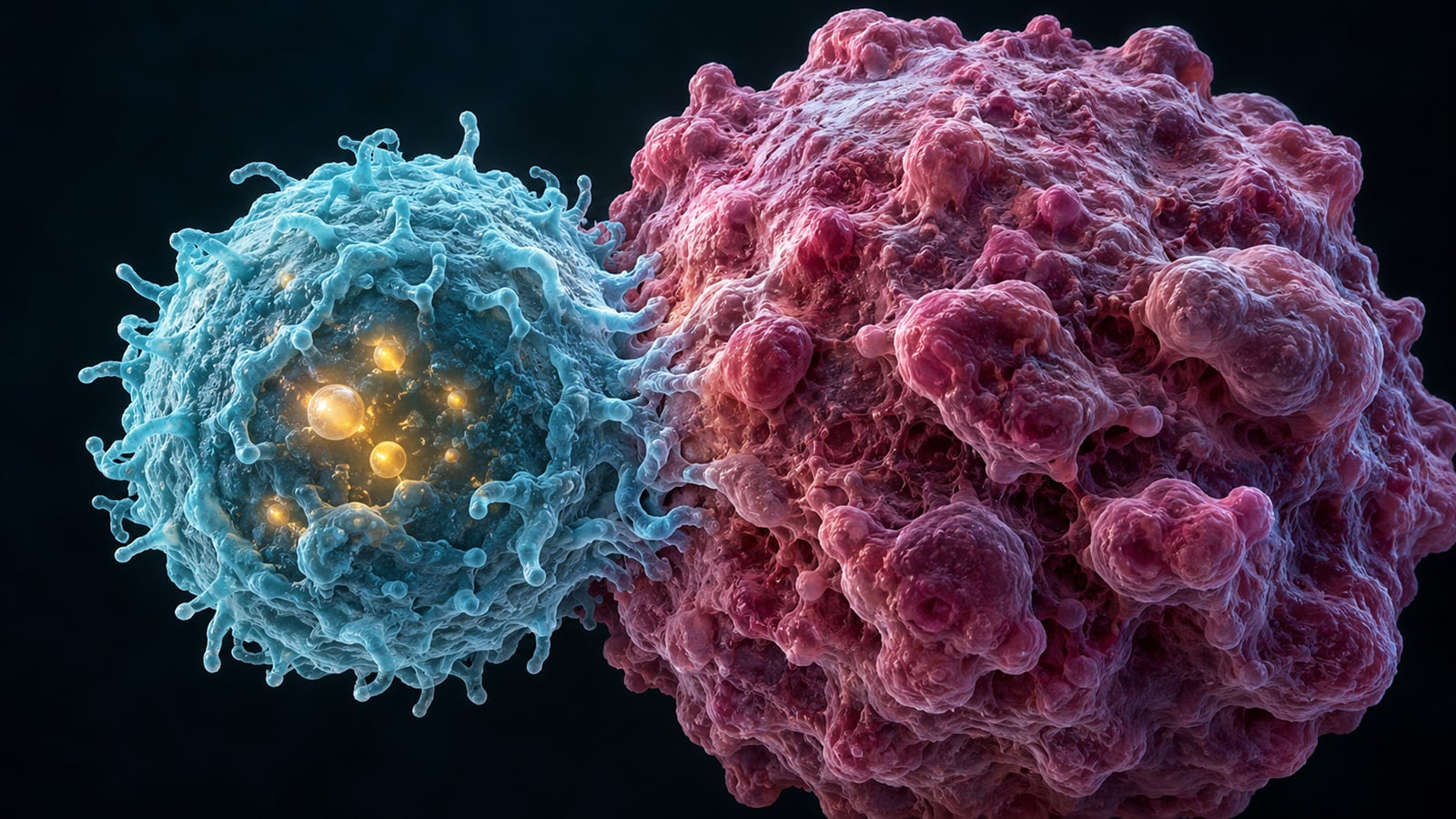 Blue killer T cell containing glowing golden droplets pressed against a larger, irregular pink tumor cell on a dark background.