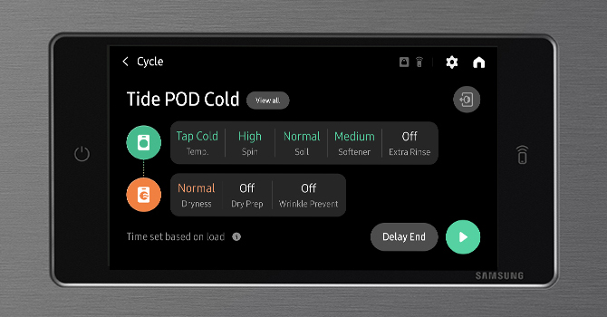 Samsung 7-inch AI Home LCD control panel showing the Tide Cold Certified cycle 