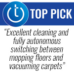 Techlicious Top Pick award logo with the text: Excellent cleaning and fully autonomous switching between mopping floors and vacuuming carpets.