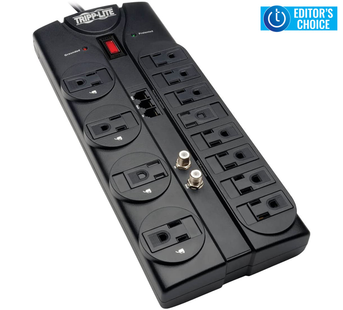 Tripp Lite 12-Outlet Surge Protector (TLP1208TELTV) on white background with Techlicious Editor's Choice logo in the upper right corner